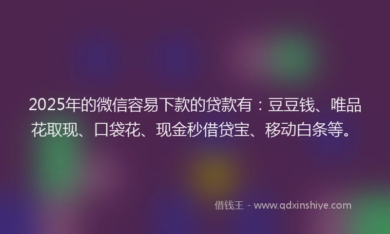 2025年的微信容易下款的贷款有：豆豆钱、唯品花取现、口袋花、现金秒借贷宝、移动白条等。