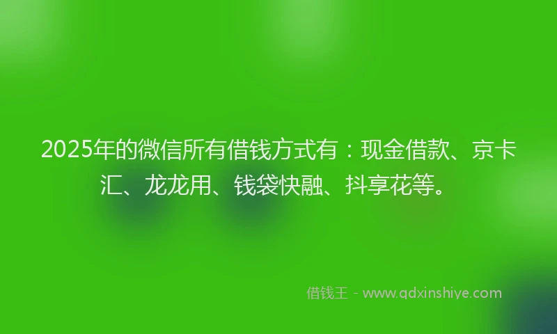 2025年的微信所有借钱方式有：现金借款、京卡汇、龙龙用、钱袋快融、抖享花等。