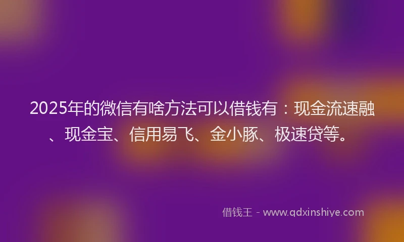 2025年的微信有啥方法可以借钱有：现金流速融、现金宝、信用易飞、金小豚、极速贷等。