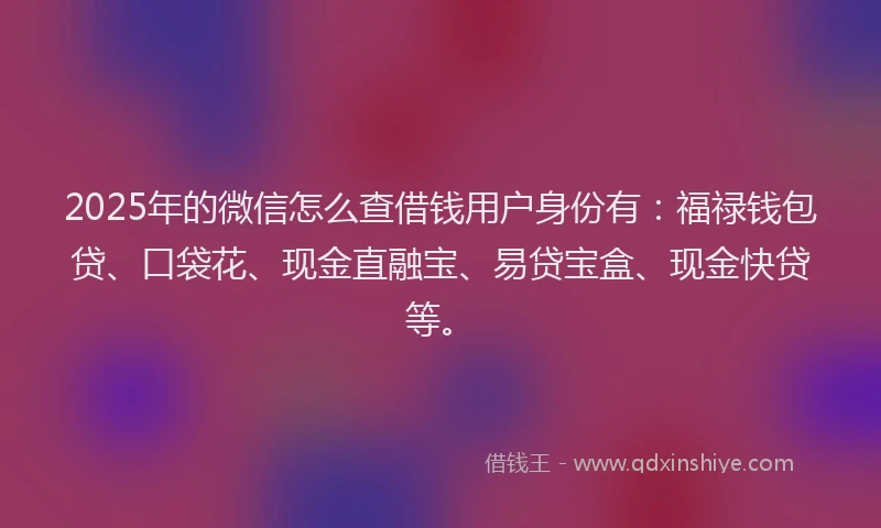 2025年的微信怎么查借钱用户身份有：福禄钱包贷、口袋花、现金直融宝、易贷宝盒、现金快贷等。
