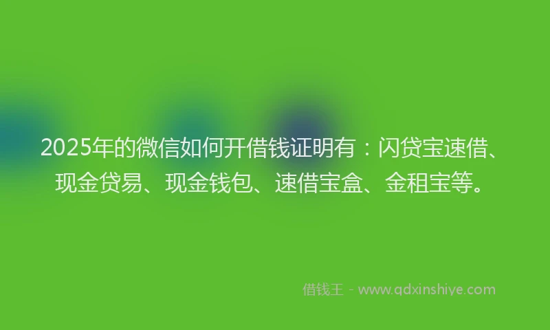 2025年的微信如何开借钱证明有：闪贷宝速借、现金贷易、现金钱包、速借宝盒、金租宝等。