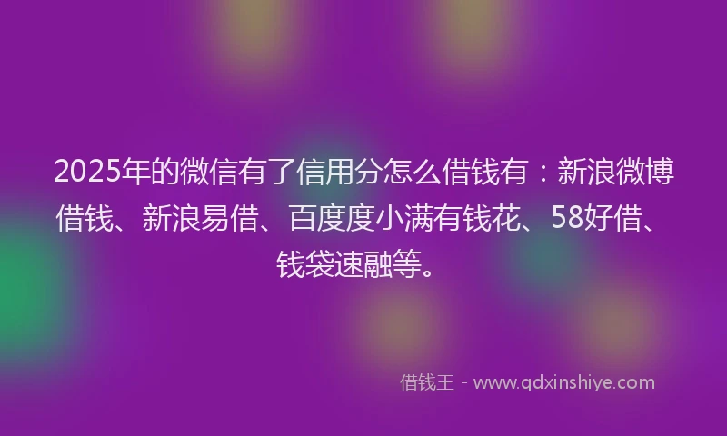 2025年的微信有了信用分怎么借钱有：新浪微博借钱、新浪易借、百度度小满有钱花、58好借、钱袋速融等。