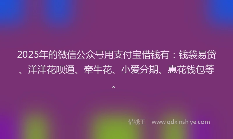2025年的微信公众号用支付宝借钱有：钱袋易贷、洋洋花呗通、牵牛花、小爱分期、惠花钱包等。