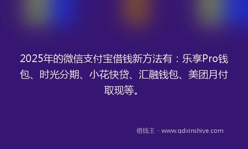 2025年的微信支付宝借钱新方法有：乐享Pro钱包、时光分期、小花快贷、汇融钱包、美团月付取现等。