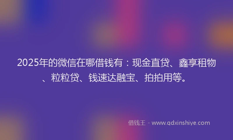 2025年的微信在哪借钱有：现金直贷、鑫享租物、粒粒贷、钱速达融宝、拍拍用等。