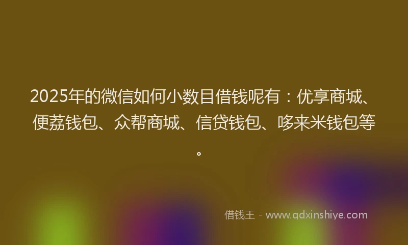 2025年的微信如何小数目借钱呢有：优享商城、便荔钱包、众帮商城、信贷钱包、哆来米钱包等。