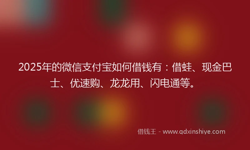 2025年的微信支付宝如何借钱有：借蛙、现金巴士、优速购、龙龙用、闪电通等。