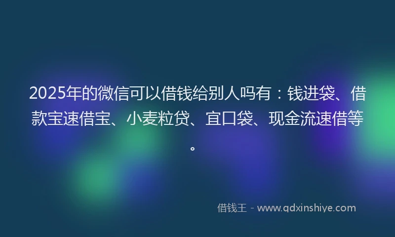 2025年的微信可以借钱给别人吗有：钱进袋、借款宝速借宝、小麦粒贷、宜口袋、现金流速借等。