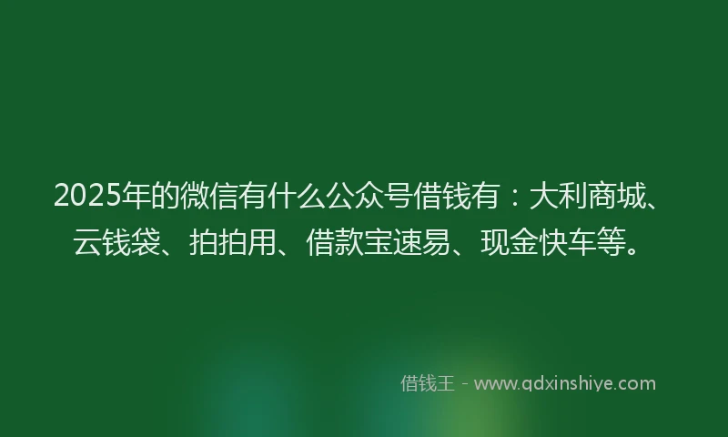 2025年的微信有什么公众号借钱有：大利商城、云钱袋、拍拍用、借款宝速易、现金快车等。