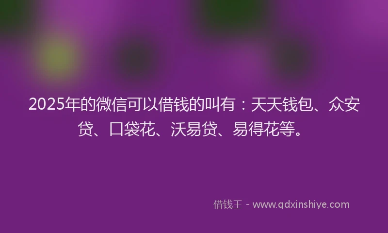 2025年的微信可以借钱的叫有：天天钱包、众安贷、口袋花、沃易贷、易得花等。