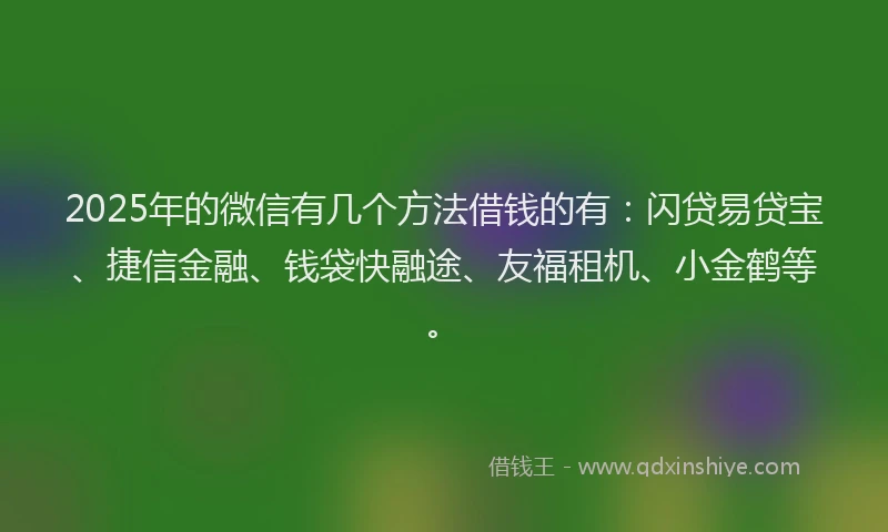 2025年的微信有几个方法借钱的有：闪贷易贷宝、捷信金融、钱袋快融途、友福租机、小金鹤等。