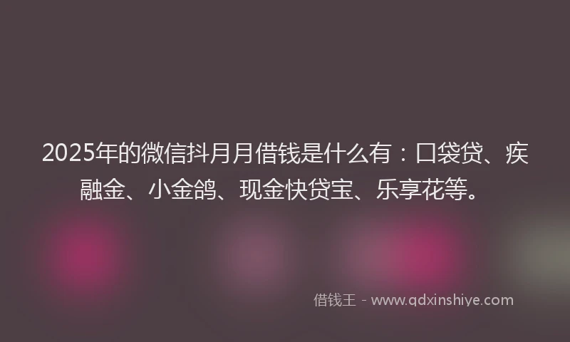 2025年的微信抖月月借钱是什么有：口袋贷、疾融金、小金鸽、现金快贷宝、乐享花等。