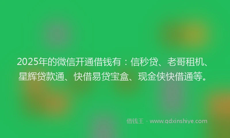 2025年的微信开通借钱有：信秒贷、老哥租机、星辉贷款通、快借易贷宝盒、现金侠快借通等。