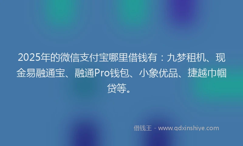 2025年的微信支付宝哪里借钱有：九梦租机、现金易融通宝、融通Pro钱包、小象优品、捷越巾帼贷等。