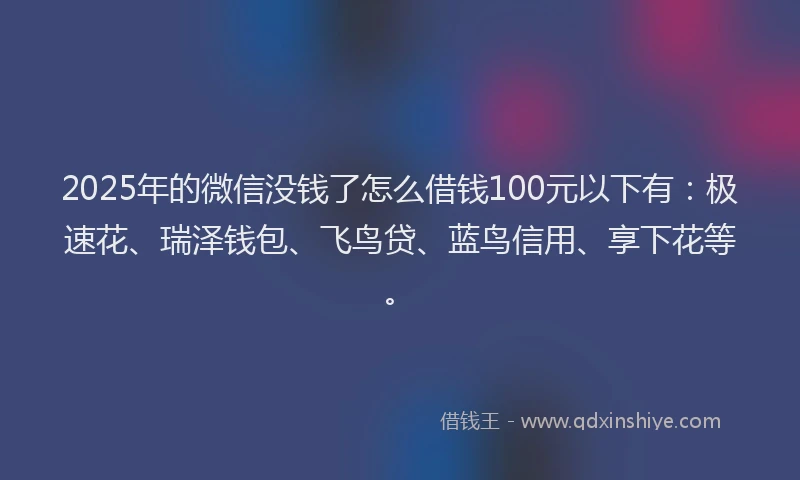 2025年的微信没钱了怎么借钱100元以下有：极速花、瑞泽钱包、飞鸟贷、蓝鸟信用、享下花等。