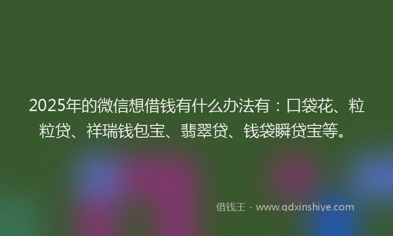 2025年的微信想借钱有什么办法有：口袋花、粒粒贷、祥瑞钱包宝、翡翠贷、钱袋瞬贷宝等。