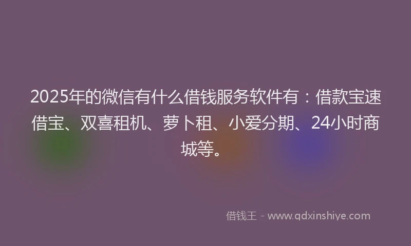 2025年的微信有什么借钱服务软件有：借款宝速借宝、双喜租机、萝卜租、小爱分期、24小时商城等。