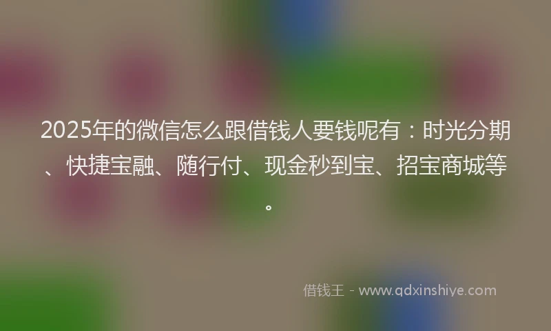 2025年的微信怎么跟借钱人要钱呢有：时光分期、快捷宝融、随行付、现金秒到宝、招宝商城等。