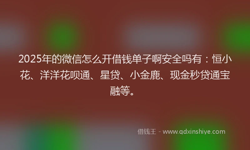 2025年的微信怎么开借钱单子啊安全吗有：恒小花、洋洋花呗通、星贷、小金鹿、现金秒贷通宝融等。