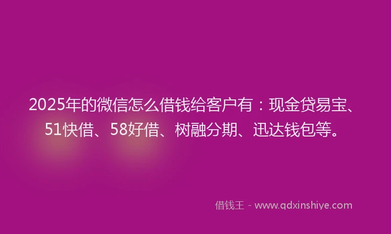 2025年的微信怎么借钱给客户有：现金贷易宝、51快借、58好借、树融分期、迅达钱包等。