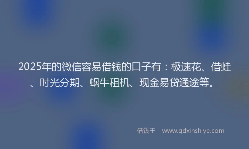 2025年的微信容易借钱的口子有：极速花、借蛙、时光分期、蜗牛租机、现金易贷通途等。
