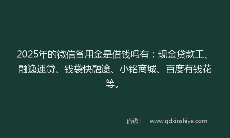 2025年的微信备用金是借钱吗有：现金贷款王、融逸速贷、钱袋快融途、小铭商城、百度有钱花等。