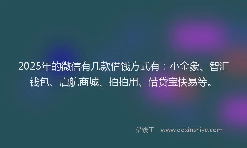 2025年的微信有几款借钱方式有：小金象、智汇钱包、启航商城、拍拍用、借贷宝快易等。