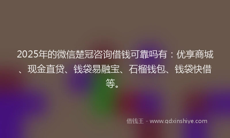 2025年的微信楚冠咨询借钱可靠吗有：优享商城、现金直贷、钱袋易融宝、石榴钱包、钱袋快借等。