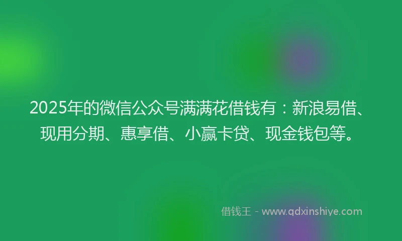2025年的微信公众号满满花借钱有：新浪易借、现用分期、惠享借、小赢卡贷、现金钱包等。