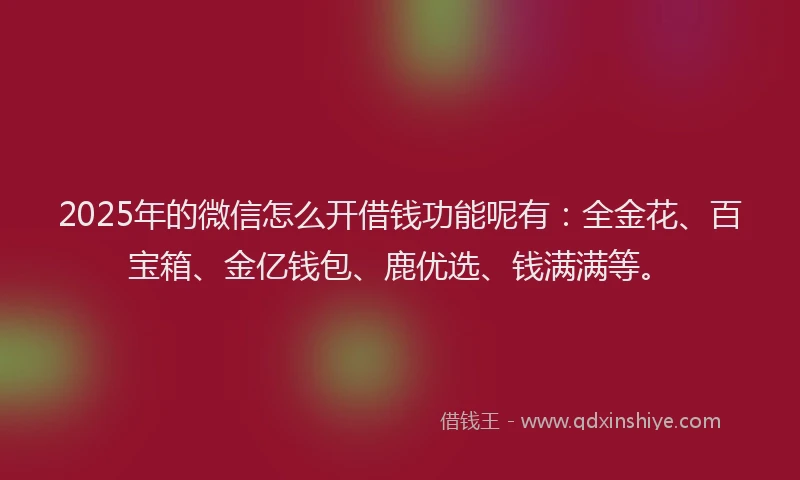 2025年的微信怎么开借钱功能呢有：全金花、百宝箱、金亿钱包、鹿优选、钱满满等。