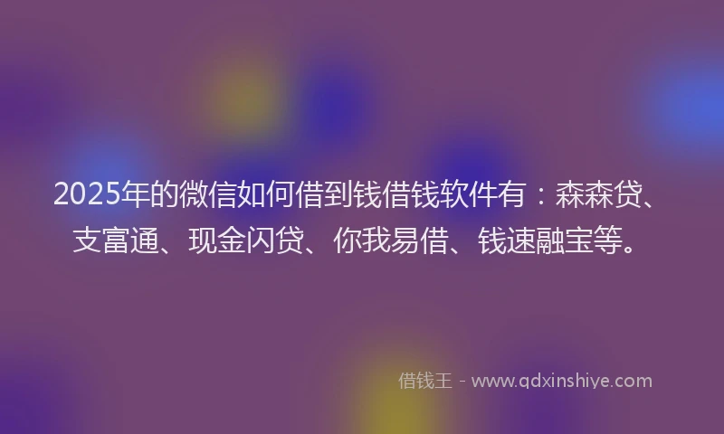 2025年的微信如何借到钱借钱软件有：森森贷、支富通、现金闪贷、你我易借、钱速融宝等。