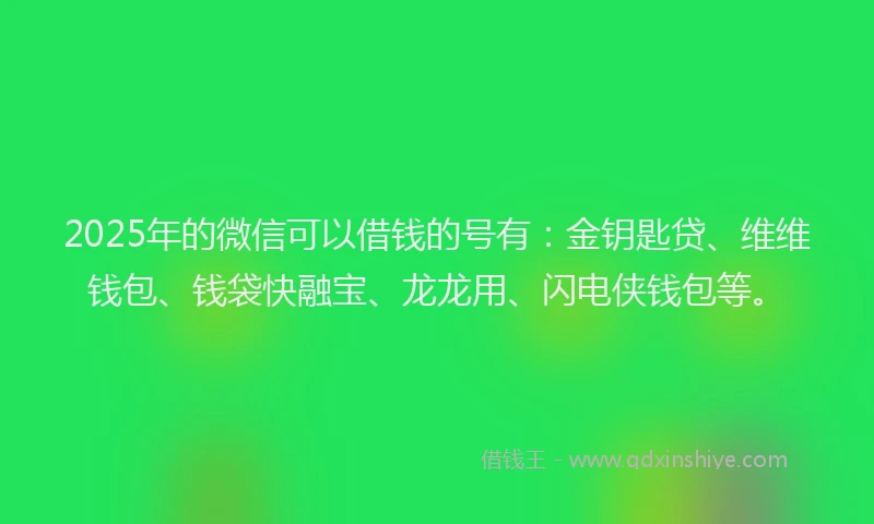 2025年的微信可以借钱的号有：金钥匙贷、维维钱包、钱袋快融宝、龙龙用、闪电侠钱包等。