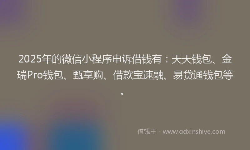 2025年的微信小程序申诉借钱有：天天钱包、金瑞Pro钱包、甄享购、借款宝速融、易贷通钱包等。