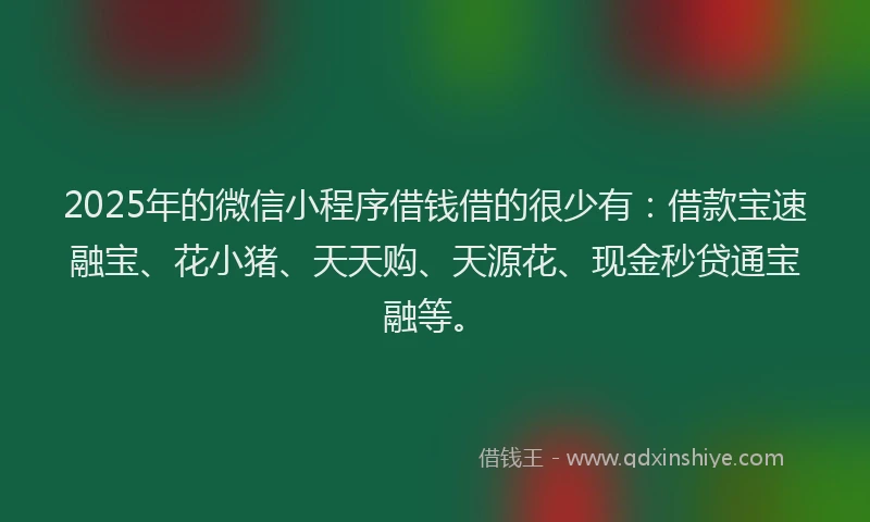 2025年的微信小程序借钱借的很少有：借款宝速融宝、花小猪、天天购、天源花、现金秒贷通宝融等。