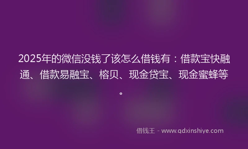 2025年的微信没钱了该怎么借钱有：借款宝快融通、借款易融宝、榕贝、现金贷宝、现金蜜蜂等。