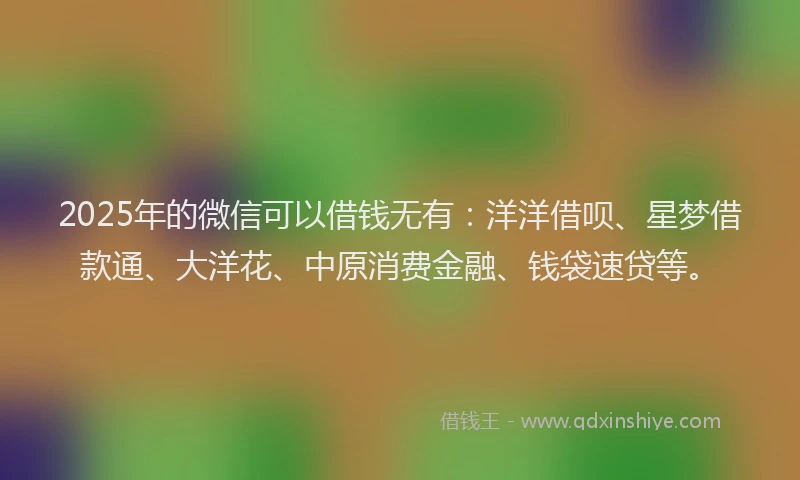 2025年的微信可以借钱无有：洋洋借呗、星梦借款通、大洋花、中原消费金融、钱袋速贷等。