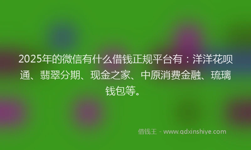 2025年的微信有什么借钱正规平台有：洋洋花呗通、翡翠分期、现金之家、中原消费金融、琉璃钱包等。