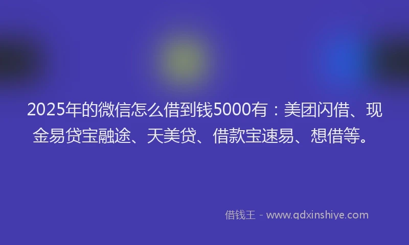 2025年的微信怎么借到钱5000有：美团闪借、现金易贷宝融途、天美贷、借款宝速易、想借等。