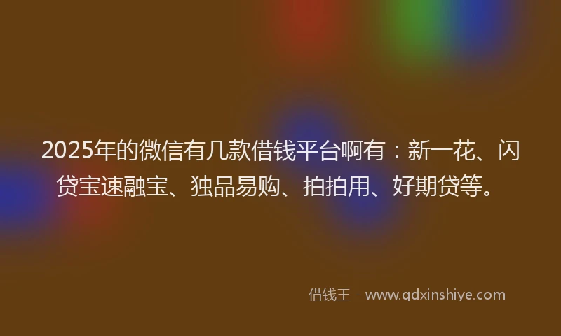 2025年的微信有几款借钱平台啊有：新一花、闪贷宝速融宝、独品易购、拍拍用、好期贷等。