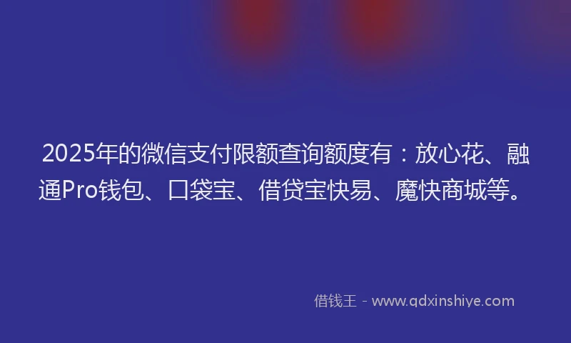2025年的微信支付限额查询额度有：放心花、融通Pro钱包、口袋宝、借贷宝快易、魔快商城等。