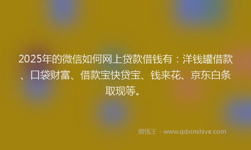 2025年的微信如何网上贷款借钱有：洋钱罐借款、口袋财富、借款宝快贷宝、钱来花、京东白条取现等。