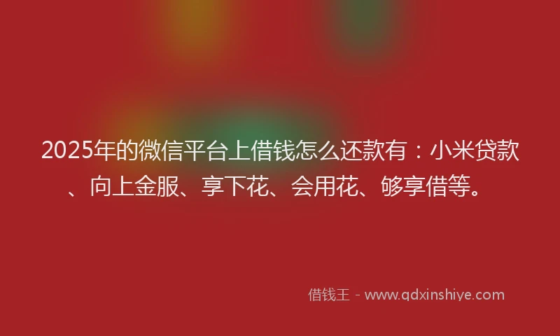 2025年的微信平台上借钱怎么还款有：小米贷款、向上金服、享下花、会用花、够享借等。