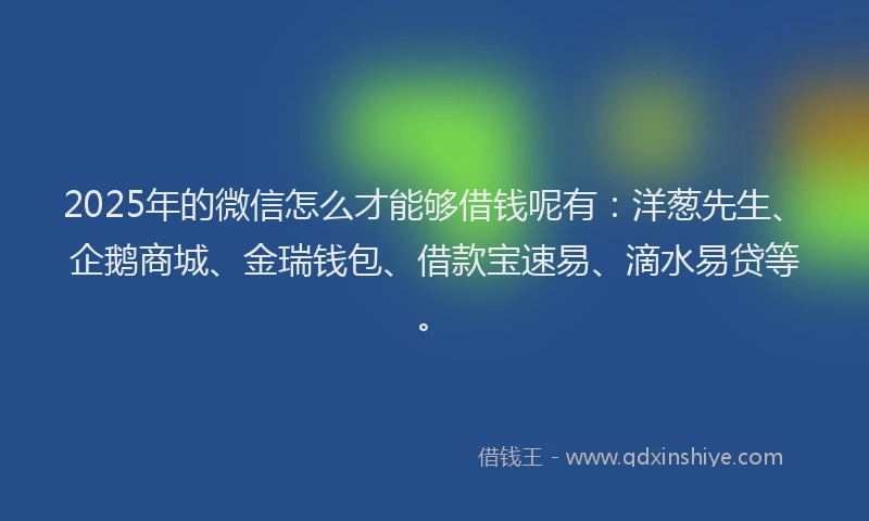 2025年的微信怎么才能够借钱呢有：洋葱先生、企鹅商城、金瑞钱包、借款宝速易、滴水易贷等。