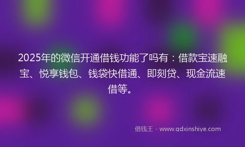 2025年的微信开通借钱功能了吗有：借款宝速融宝、悦享钱包、钱袋快借通、即刻贷、现金流速借等。