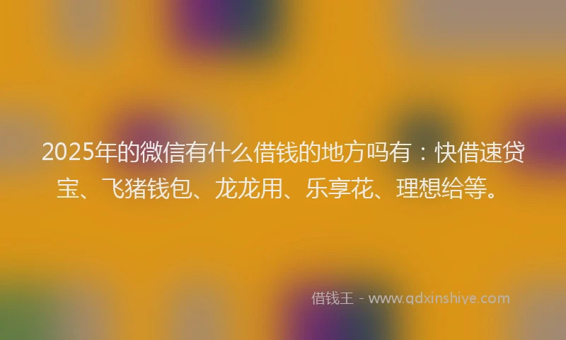 2025年的微信有什么借钱的地方吗有：快借速贷宝、飞猪钱包、龙龙用、乐享花、理想给等。