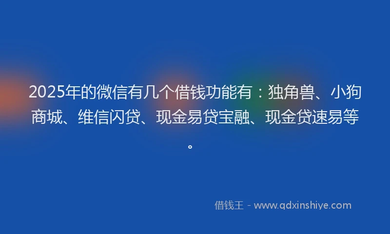 2025年的微信有几个借钱功能有：独角兽、小狗商城、维信闪贷、现金易贷宝融、现金贷速易等。