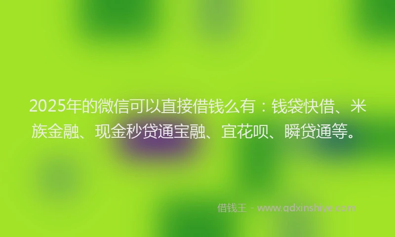 2025年的微信可以直接借钱么有：钱袋快借、米族金融、现金秒贷通宝融、宜花呗、瞬贷通等。