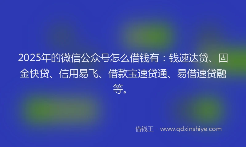 2025年的微信公众号怎么借钱有：钱速达贷、固金快贷、信用易飞、借款宝速贷通、易借速贷融等。
