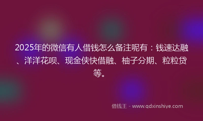2025年的微信有人借钱怎么备注呢有：钱速达融、洋洋花呗、现金侠快借融、柚子分期、粒粒贷等。