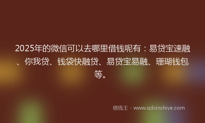 2025年的微信可以去哪里借钱呢有：易贷宝速融、你我贷、钱袋快融贷、易贷宝易融、珊瑚钱包等。